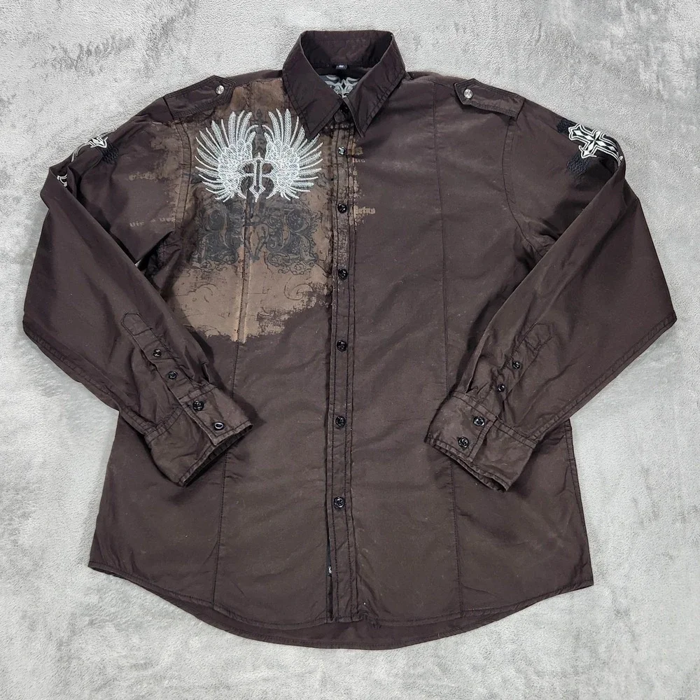 Roar Shirt Mens Large Brown Gothic Wings Cross Long Sleeve Button Up Embroidered